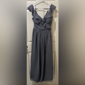Azazie Charcoal Gray Ruffled V-Neck Chiffon Maxi Dress